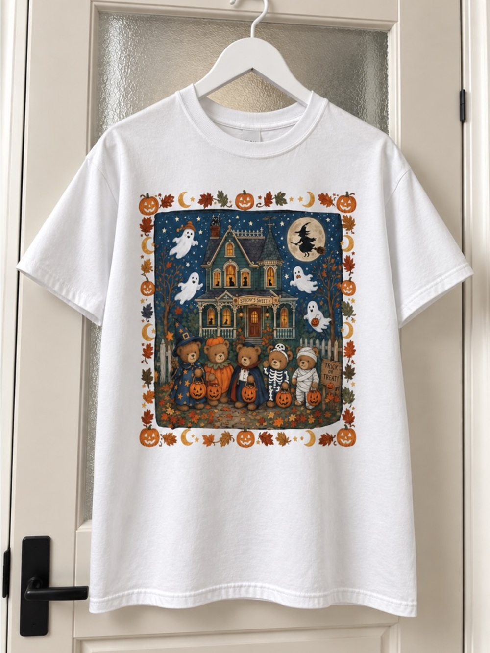 Halloween Bear Family and Ghost Graphic White T-Shirt
